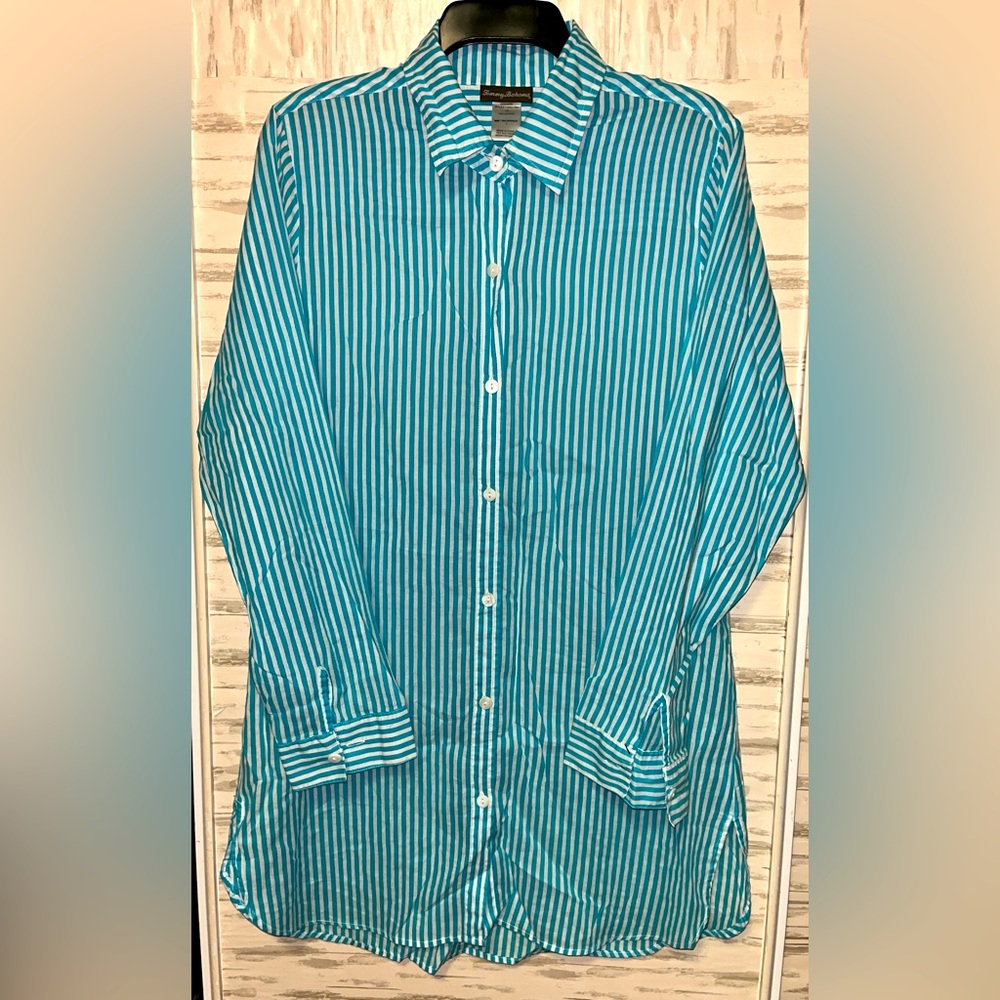 Tommy Bahama Cabana green Stripe womens size large  button long sleeve Shirt